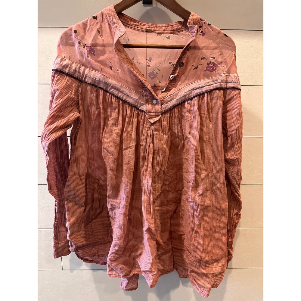 Free People Women Boho Floral Yoke Striped Crinkle Blouse Terracotta Pink Small
